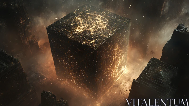 Massive luminous cube in dark industrial environment.