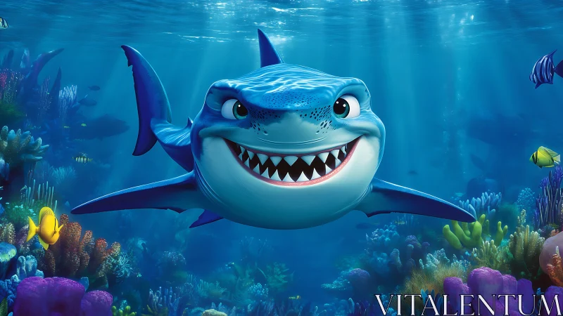 Cartoon shark swimming in colorful coral reef scene.