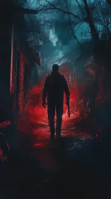 Solitary armed figure walks through red lit forest path