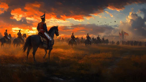 Cavalry officers on horseback approach a distant fortress.