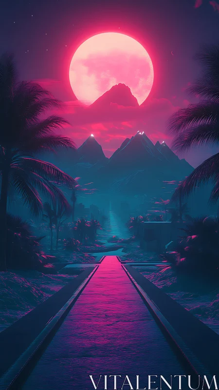 Neon moon rises over tropical mountains and glowing canal