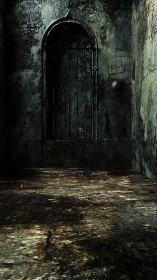 Weathered corridor with a silent, shadowy iron gate.