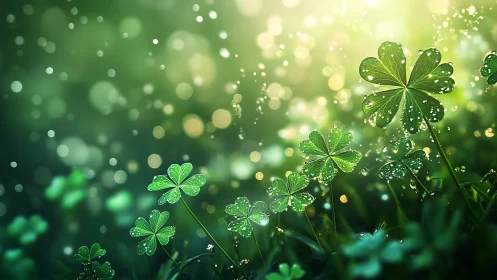 Sunlit clover leaves sparkling with dewdrops in bokeh glow.