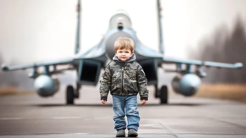 Child stands centered before aircraft in military uniform jacket display.
