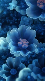 Dreamy blue blossoms glow gently in a soft underwater haze