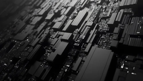 Futuristic Black Geometric Cityscape in Abstract 3D Digital Art.