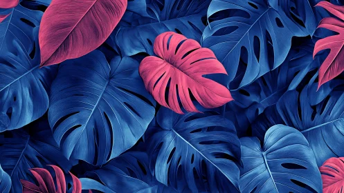 Neon monstera leaves in bold blue and magenta contrast.