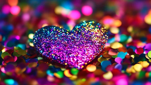 Glitter-saturated rainbow heart amid vibrant confetti bokeh.
