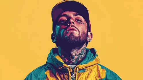 Chromatic vector portrait of tattooed man in hooded jacket.