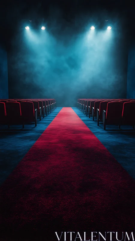 Empty theater aisle with red carpet under blue stage lights.