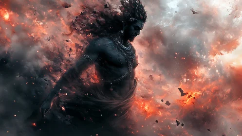 Fireborn deity emerges through swirling ash and flame.