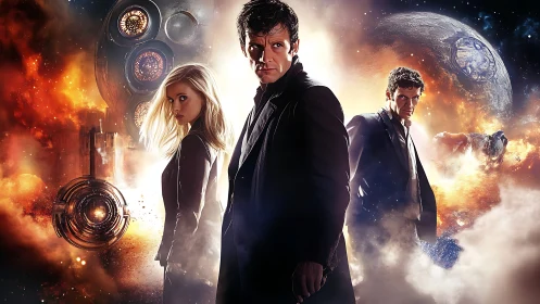 Time-torn trio confront cosmic war amid burning galaxies.