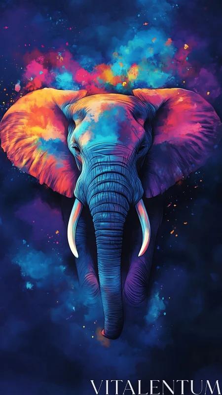 Chromatic elephant portrait emerging from cosmic nebulae.