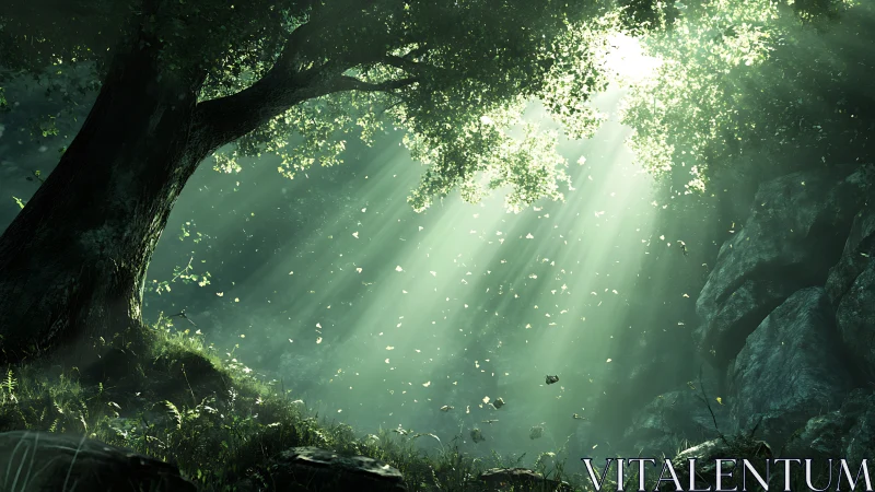 Volumetric sunbeams penetrating dense forest canopy plane.