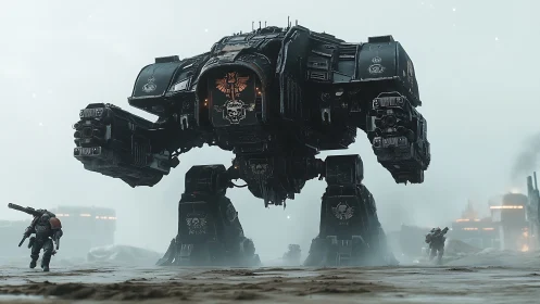 Colossal war walker strides through misty sci fi battlefield.