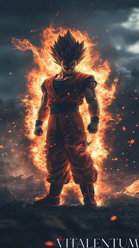 Fiery anime warrior stands in blazing inferno aura.