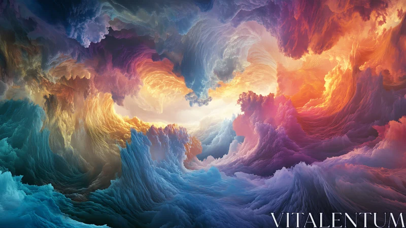 Multicolored abstract cloud vortex with central light source.