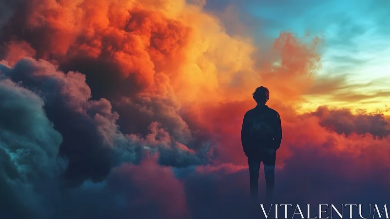 Backlit silhouette in volumetric tri-chromatic cloud field.