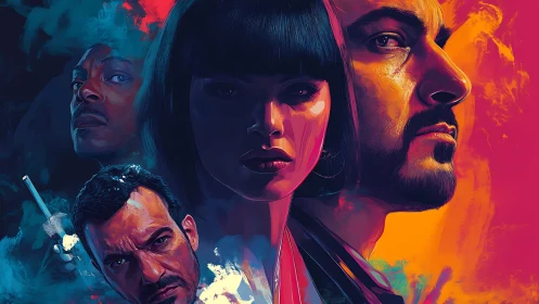 Stylized portrait montage shows four intense faces in color contrast