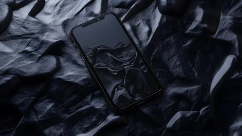 Modern smartphone on crumpled dark satin fabric, moody aesthetic.