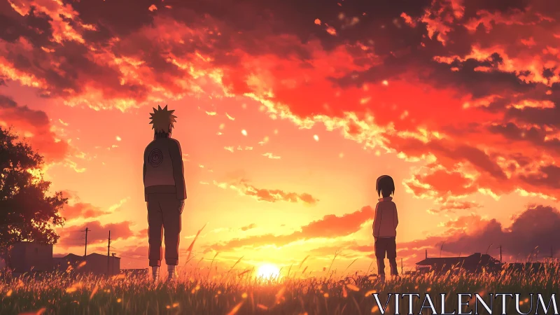 Anime sunset field tableau with dual silhouetted figures.
