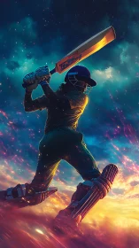 Cricketer swings bat against glowing cosmic sky backdrop.