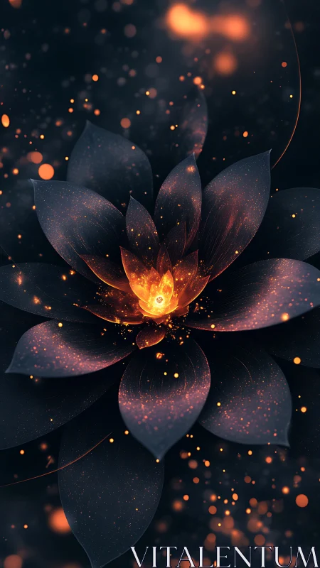 Glowing digital flower with fiery core against dark background