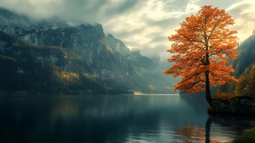 Solitary autumn tree beside still alpine lake at dusk.