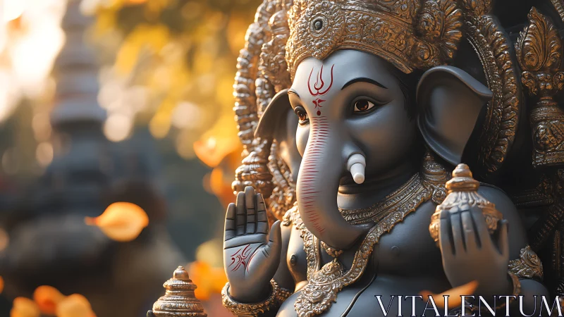 Serene Ganesha statue in soft golden temple sunlight.
