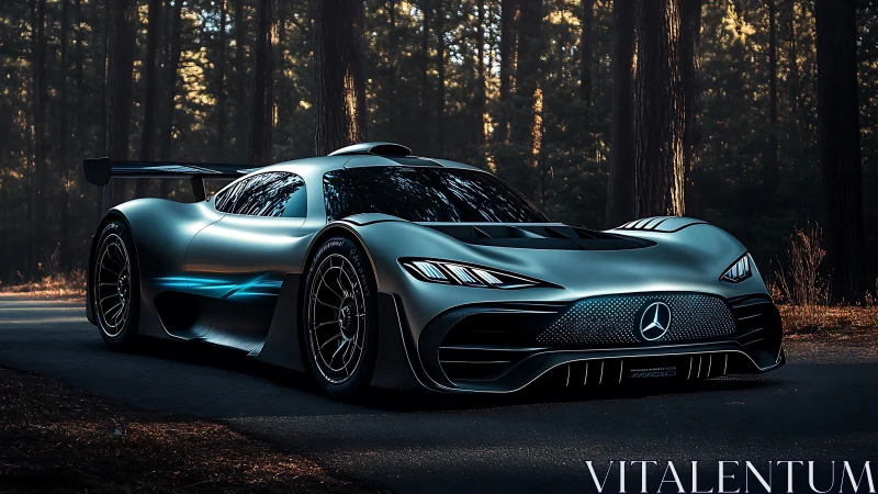 Forest road hypercar pause in soft evening sunlight.