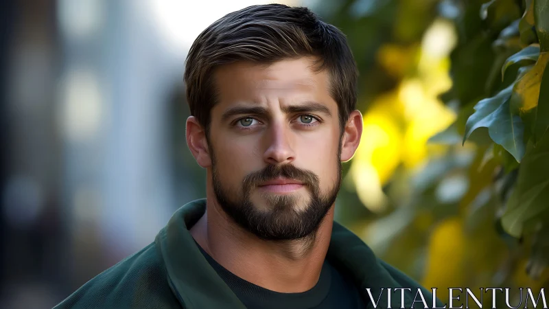 Bearded man portrait with soft bokeh and natural foliage light.