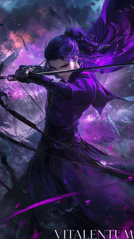 Purple clad anime swordsman unleashes energy in battle