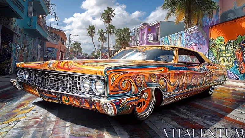 Lowrider sedan glows with neon graffiti swirl paintwork.