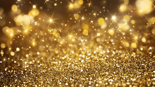 Photorealistic gold glitter field with luminous bokeh highlights.