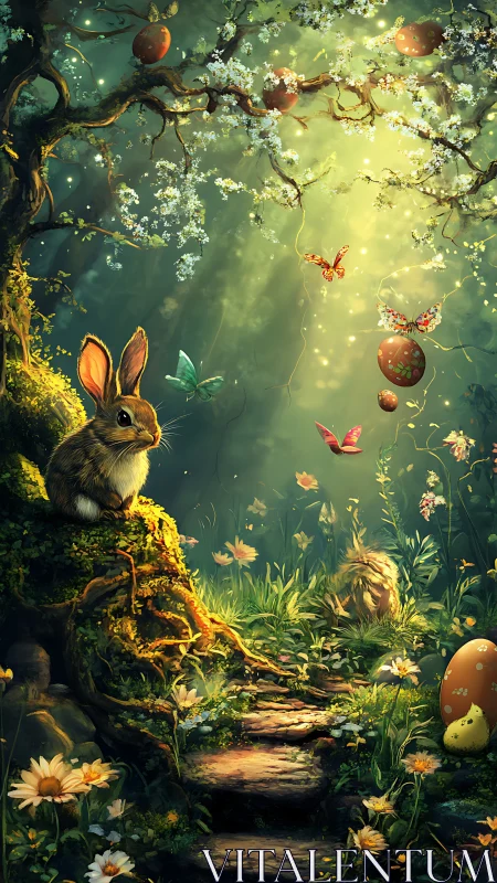 Forest rabbit observes luminous spring glade with floating eggs
