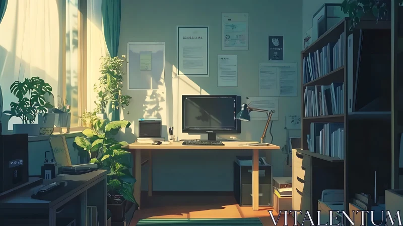 Sunlit home office welcomes quiet work and green calm