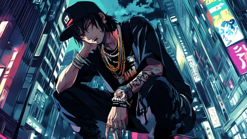 Urban anime rebel crouches under neon city lights at night