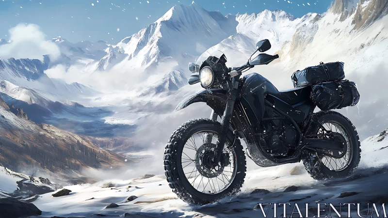 Snowy mountain motorcycle escape into crisp blue silence.
