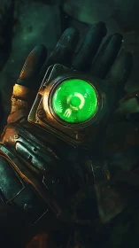 Wanderer&rsquo;s gauntlet cradling a neon green time compass.
