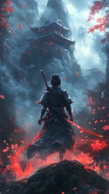 Samurai faces misty temple amid blazing red leaves.