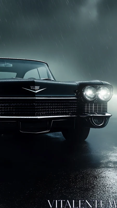 Front view classic black car on wet road in rainfall night.