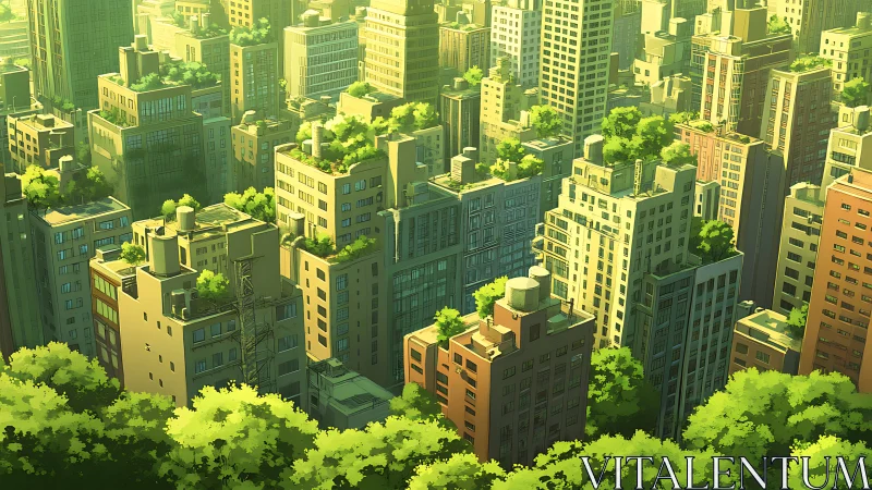 Urban high rise district with extensive rooftop greenery.