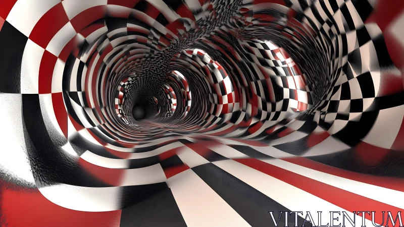 Surreal Checkered Tunnel with Red, White, and Black Abstract Patterns.