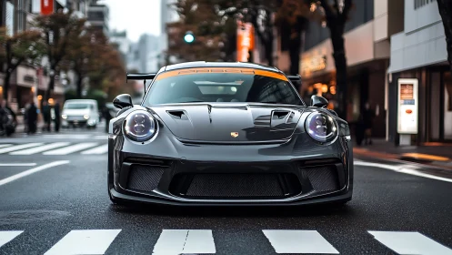Front view sports car stands on wet urban crosswalk street