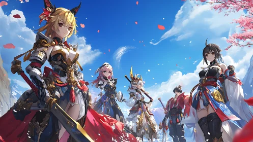 Armored anime warriors in ornate attire under clear sky.