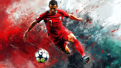 Dynamic soccer star bursting forward in a blaze of color.