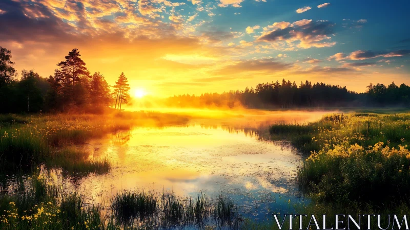 Golden sunrise over a peaceful misty lake and wild meadow.