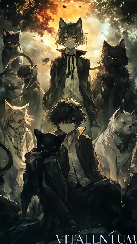 Mystical cat-eared friends gather in a glowing forest dusk.