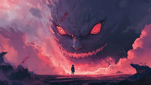 Solitary warrior confronts colossal demonic storm face