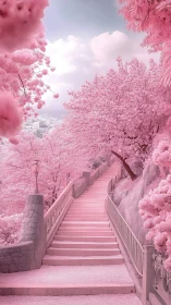 Pastel staircase ascends through dense pink cherry blossoms